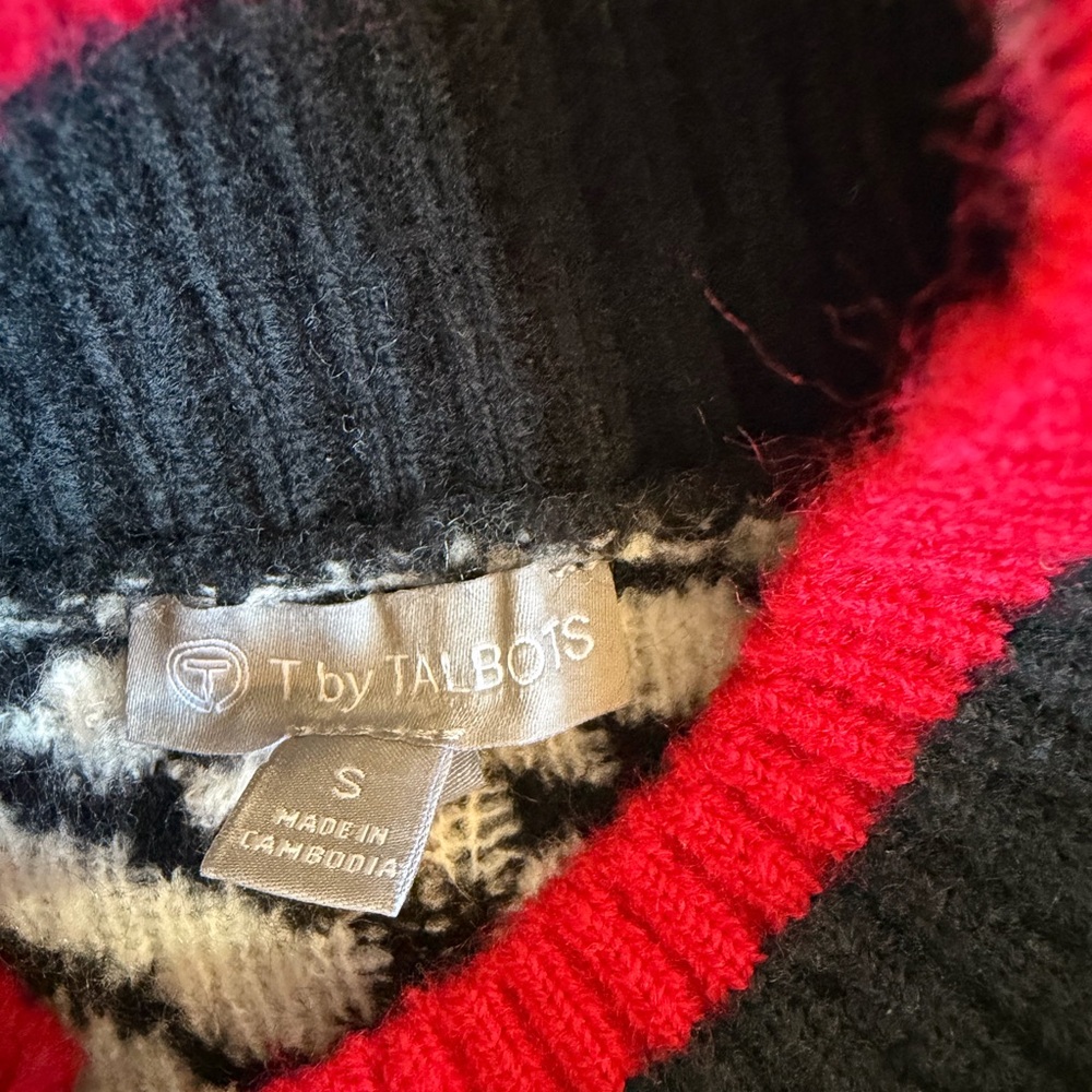 Talbots Black and White Geometric Sweater with Red Accents - Picture 6 of 7